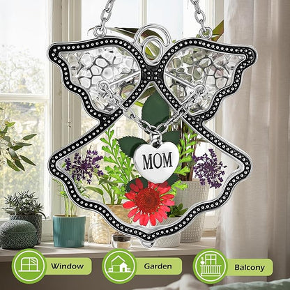 KY&BOSAM Angel Suncatcher Mom Stained Glass Suncatcehesr for Windows Hangings Wind Chime with Pressed Drived Real Flower and Metal Charm Gifts for Mom Mothers Day Valentine's Birthday Christmas Decor