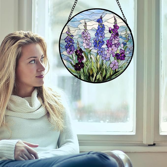 Stained Glass Window Hanging - Blue Purple Delphinium Suncatcher for Door Garden Home Decor Birth Flower Sun Catcher Birthday for Friend Lovers Women Mom Nana 7.8 in
