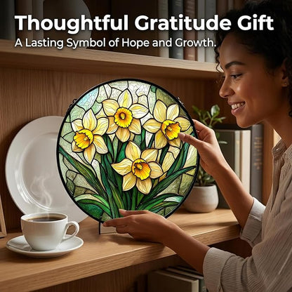 Birthday Gifts for Women - Yellow Daffodils Faux Stained Glass Window Hanging Sun Catcher for Door Garden Acrylic Decor Mother's Day Christmas for Mom Men Nana Grandma Sisters 9.8"