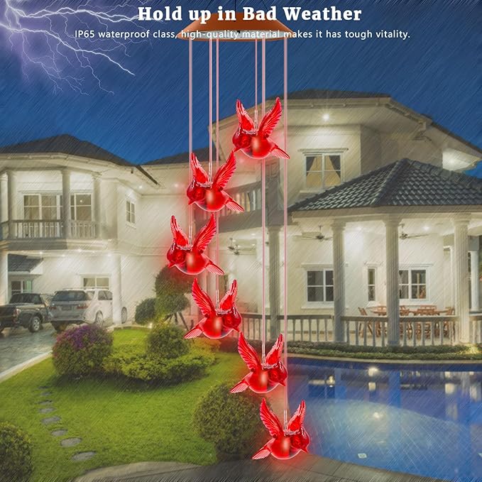 Cardinal Solar Wind Chimes for Outside, Cardinal Wind Chimes Gifts for Mom Grandma Women Wife Girls, IP65 Waterproof Hanging Memorial Red Bird LED Lights for Holiday Garden Yard Window Outdoor Decor