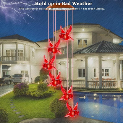 Cardinal Solar Wind Chimes for Outside, Cardinal Wind Chimes Gifts for Mom Grandma Women Wife Girls, IP65 Waterproof Hanging Memorial Red Bird LED Lights for Holiday Garden Yard Window Outdoor Decor