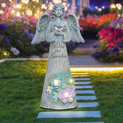 Angel Garden Statue Outdoor Decor, Angel Garden Holding Bird with Solar Lights, Gardening Gifts for Mom Grandma, Art Decoration Lawn Ornament Sculpture for Outside