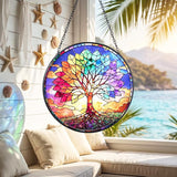 Stained Glass Window Hanging, Colorful Tree of Life Suncatcher 7.8 in Sun Catcher Boho Wall Art Decor with Chain Diamond Glass Panel Hangings Scenery Sun Catchers Decor for Lover Couple Mom