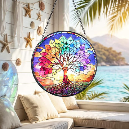 Stained Glass Window Hanging, Colorful Tree of Life Suncatcher 7.8 in Sun Catcher Boho Wall Art Decor with Chain Diamond Glass Panel Hangings Scenery Sun Catchers Decor for Lover Couple Mom