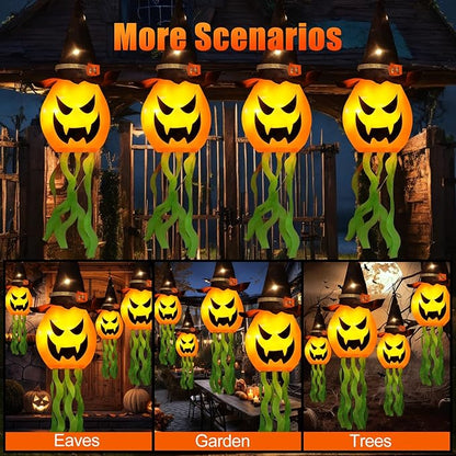 Cuorung Halloween Decorations Outdoor Decor Hanging Lighted Glowing Pumpkin Witch Hat with 3 Modes Lighted Up Scary Orange Halloween Decorations for Indoor Outside Party Yard Tree Garden (4Pcs)