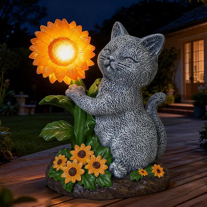 Solar Garden Decor Cat Statue with Sunflower Light, Outdoor Ornaments for Home Patio Yard Balcony Lawn, Birthday Gifts for Cat Lovers Women, Mom, Grandma