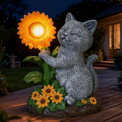 Solar Garden Decor Cat Statue with Sunflower Light, Outdoor Ornaments for Home Patio Yard Balcony Lawn, Birthday Gifts for Cat Lovers Women, Mom, Grandma