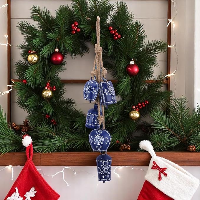 Christmas Bell Wind Chime 25” – 5 Pcs Metal Jingle Bells on Jute Rope –Rustic Farmhouse Holiday Décor, Vintage Sleigh Bells Wind Chime for Door, Fireplace Mantel, Tree & Home Decoration (Blue)