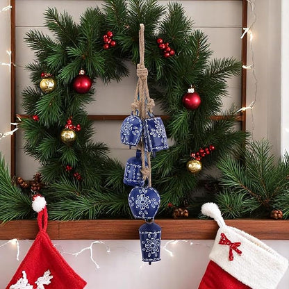 Christmas Bell Wind Chime 25” – 5 Pcs Metal Jingle Bells on Jute Rope –Rustic Farmhouse Holiday Décor, Vintage Sleigh Bells Wind Chime for Door, Fireplace Mantel, Tree & Home Decoration (Blue)