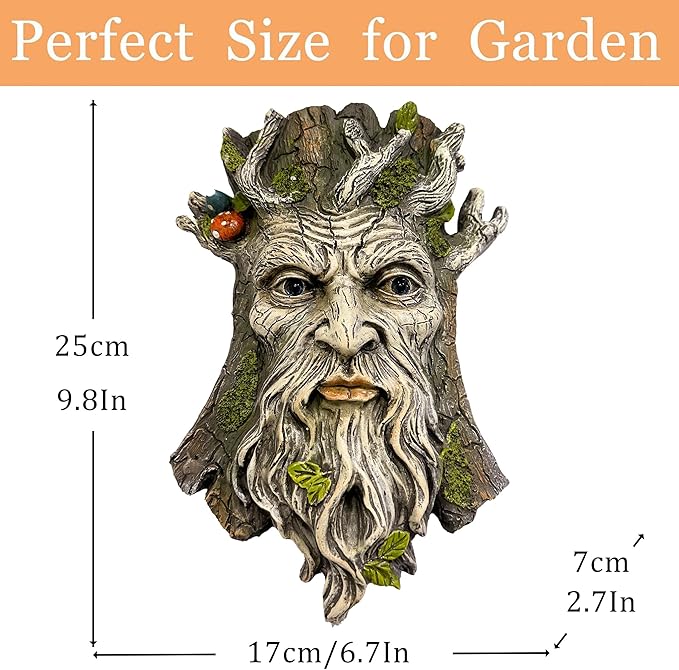 Teaeeno Whimsical Tree Face Garden Decoration, 11.8 in Tree Faces Decor Outdoor Wallmounted Statue Art with Leaf Features, Outdoor Decor Garden Accessory (Outdoors and Nature)