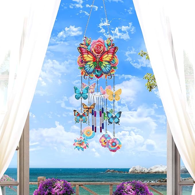 DIY Wind Chime Pendant Spring 3D Diamond Art Painting Hanging Ornament Double Sided Diamond Suncatchers for Window Home Backyard Garden Wall Door Decor (Butterfly05)