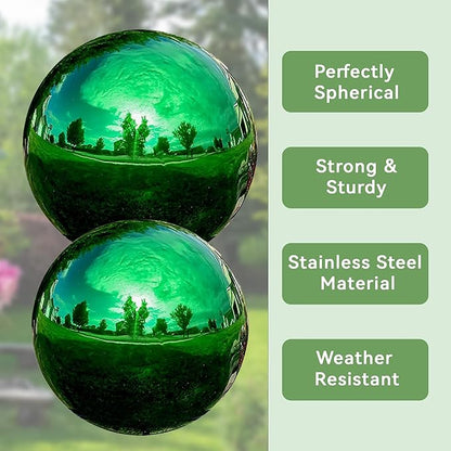 Lily's Home 12 Inch Stainless Steel Gazing Globe Mirror Ball, Colorful and Shiny Addition to Any Garden or Home, Ideal As a Housewarming Gift, Sparking Green