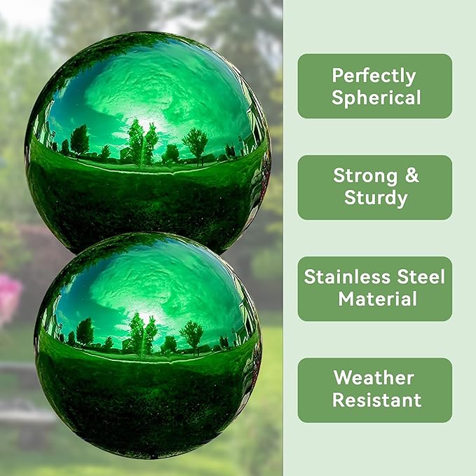 Lily's Home Stainless Steel Gazing Globe Mirror Ball, Colorful and Shiny Addition to Any Garden or Home. Sparkling Green (10 Inch)