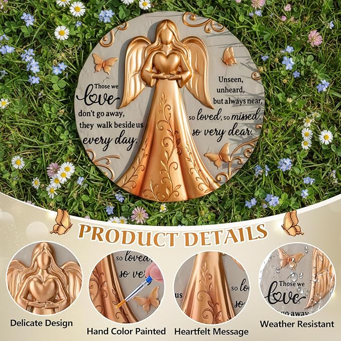 1 Set Bronze Angel Memorial Garden Stone with Plaque Stand and Sympathy Card, Outdoor Heartwarming Memorial Garden Stepping Stone, Sympathy Present for Loss of Loved One, Pet & Family