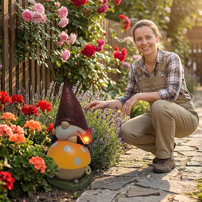 Solar Garden Gnome with mushroom for Garden Decor: IP44 Weatherproof Resin with Automatic Lighting - No Installation- Outdoor Yard Patio Balcony Art - Birthday Gifts for Bird Lovers Mom Grandma Women