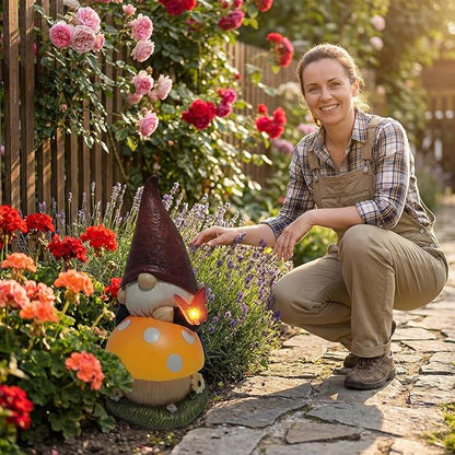 Solar Garden Gnome with mushroom for Garden Decor: IP44 Weatherproof Resin with Automatic Lighting - No Installation- Outdoor Yard Patio Balcony Art - Birthday Gifts for Bird Lovers Mom Grandma Women