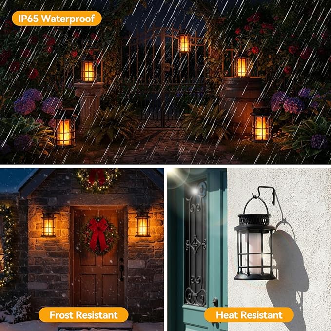 ELUTENG Solar Lantern Outdoor Waterproof Flickering Flame Hanging Lantern, 1200mAh Solar Torch Lights for Patio | Pathway | Yard | Outside Decor