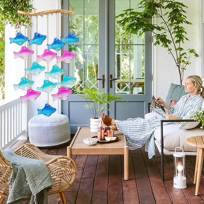 28.5" Blue Glass Sea Wind Chimes for Outdoor, Handcrafted Fish Wind Chimes for Outside, Small Unique Suncatcher Hanging Windchimes for Garden Patio Yard Beach Party Wedding Decor Women Gift