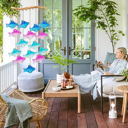 28.5" Blue Glass Sea Wind Chimes for Outdoor, Handcrafted Fish Wind Chimes for Outside, Small Unique Suncatcher Hanging Windchimes for Garden Patio Yard Beach Party Wedding Decor Women Gift