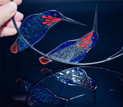 Lolitarcrafts Hummingbird with Flower Stained Glass Suncatcher Bird Stained Glass Window Hangings Hummingbird Gift for Home Decor (Blue 1 Pair)