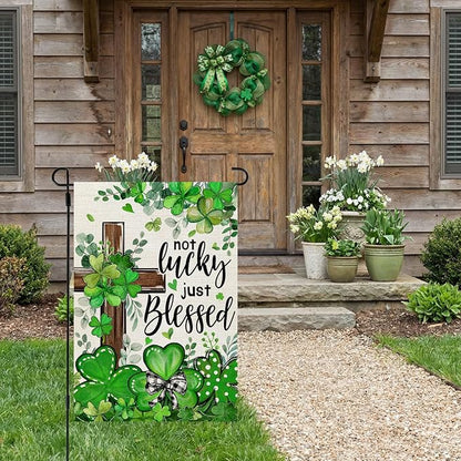 CROWNED BEAUTY St Patricks Day Garden Flag Shamrocks Clover Cross Blessed 12x18 Inch Double Sided Green Holiday Decoration for Outdoor Lawn Yard CF1931-12