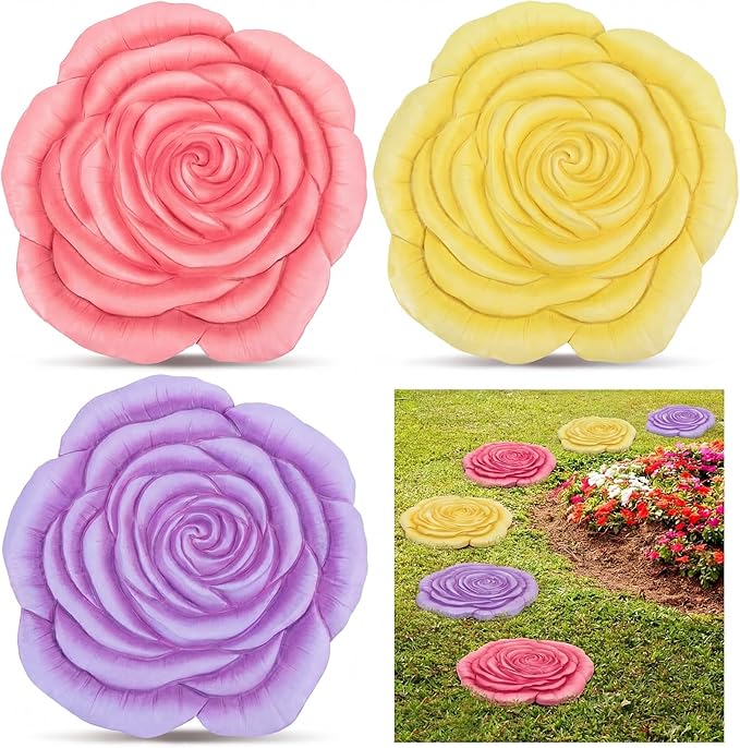 Cinnvoice 3 Pack Garden Stepping Stone Outdoor, Decorative Dimensional Resin Stepping Stones for Patio Pathway Landscaping Walkway Sculpture Yard Backyard Lawn(Rose,10 Inches)