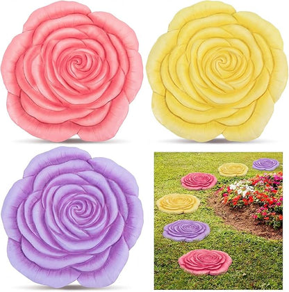 Cinnvoice 3 Pack Garden Stepping Stone Outdoor, Decorative Dimensional Resin Stepping Stones for Patio Pathway Landscaping Walkway Sculpture Yard Backyard Lawn(Rose,10 Inches)