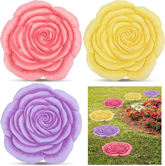 Cinnvoice 3 Pack Garden Stepping Stone Outdoor, Decorative Dimensional Resin Stepping Stones for Patio Pathway Landscaping Walkway Sculpture Yard Backyard Lawn(Rose,10 Inches)