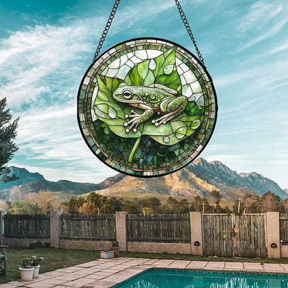Stained Glass Window Hanging - Cute Frog Suncatcher for Doors Garden Patio Green Leaves Sun Catchers Decor Christmas Mother's Day Birthday Gifts for Women Men Mom Nana Boy Friend 15 in