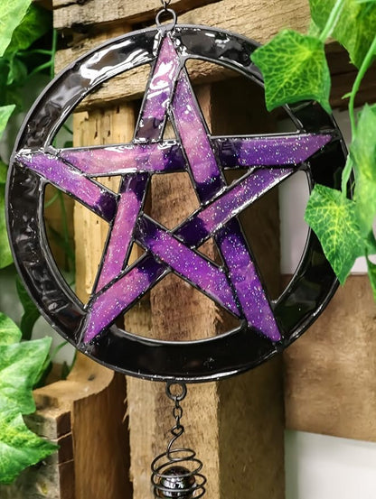 Ebros Gift Purple Stained Glass Pentacle Pentagram Circle Resonant Relaxing Metal Wind Chime Suncatcher Garden Patio Accent with Gemstones and Beads