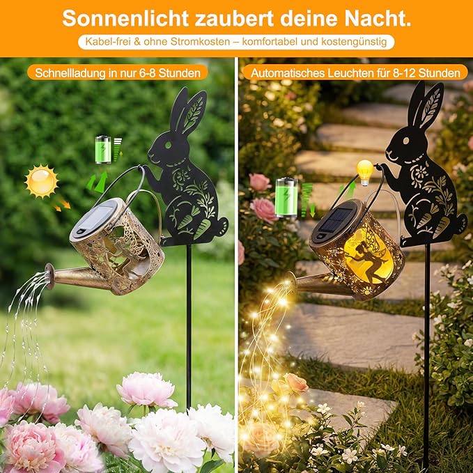 Solar Watering Can Light with Bunny Silhouette Stake & Fairy Design - Cascading LED String Light for Garden Yard Patio Decor, IP65 Waterproof Outdoor Gift for Mom, Women, Birthday, Housewarming