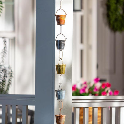 Evergreen Iron Buckets 8 foot Metal Rain Chain - Gutter Downspout Diverter, Decorative Garden Rain Catcher, Outside, Garden, Patio, and Deck