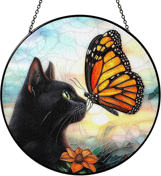 Black Cat Gifts, Cat Memorial Suncatcher Gift for Loss of Cats Butterfly Stained Glass Suncatcher Window Hanging Decor for Garden, Pet Loss Gift Christmas Birthday Sympathy Gifts for Pet Lovers Women