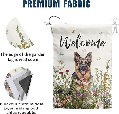 Floral German Shepherd Garden Flag Spring Summer House Flags 28 x 40 Double Sided Flower Dog Yard Flags for Outside Large Outdoor Welcome Flags