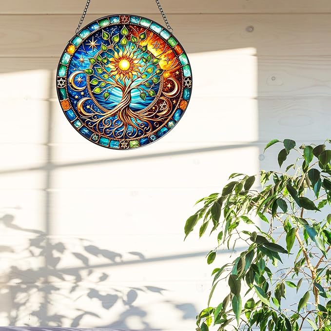 Tree of Life Stained Glass Window Hanging,7.87 Inch Sun Catcher Indoor Window Decorations Panel,Decor for Home,Garden,Festival,Mother’s Day,Housewarming Gift for Mom