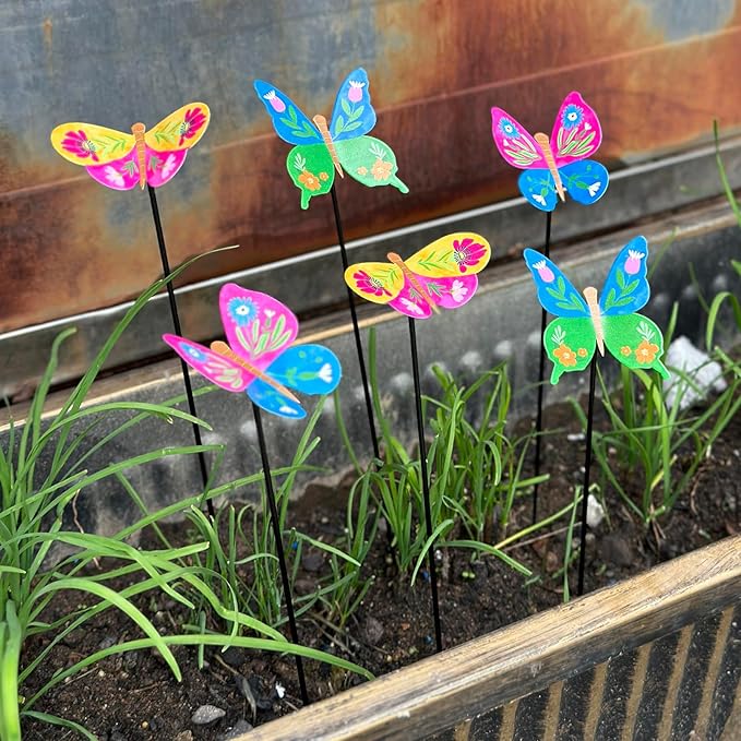 6 Pcs Butterfly Outdoor Metal Flowers for Outside - Decorative Garden Stakes with Sunflower Design, Spring Yard Art Decor for Lawn Porch Patio Fence | Metal Garden Decor Stakes