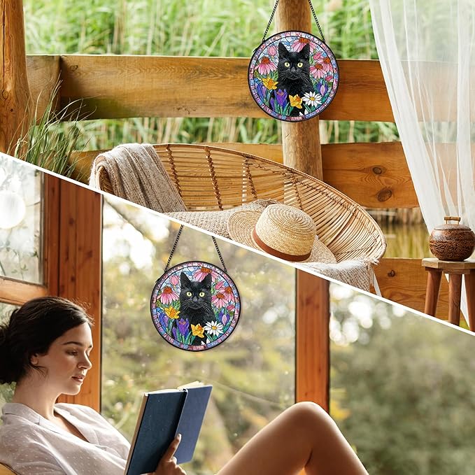Black Cat Suncatcher Stained Glass Window Hanging Decor Ornaments, Black Cat Owner Memorial Sun Catchers Wall Art Gifts for Women, Floral Flower Garden Lawn Stained Glass Wall Decor, 7.9x7.9In