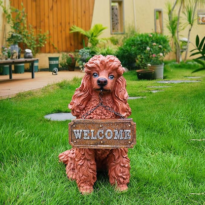 Poodle Garden Statue with Solar Lantern, Realistic Dog Sculpture, Birthday Gift for Women Mom Grandma, Housewarming Gift for New Home, Outdoor Resin Puppy Decor,Brown