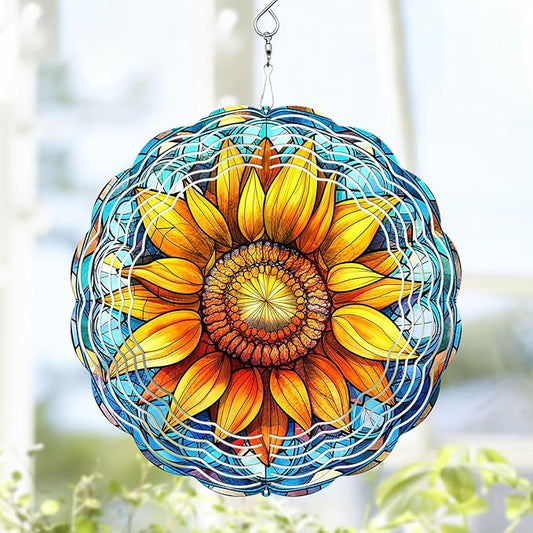 Sunflower Wind Spinner, Sunflower Stained Glass Wind Spinner, Wind Sculpture Sunflower Wind Spinners for Garden Patio Yard Decor