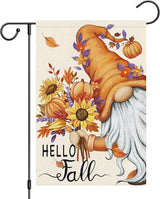 Hello Fall Gnome Garden Flag 12x18 Double Sided Burlap, Pumpkin Sunflower Garden Yard Flags for Thanksgiving Rustic Seasonal Outside Outdoor House Decoration (ONLY FLAG)