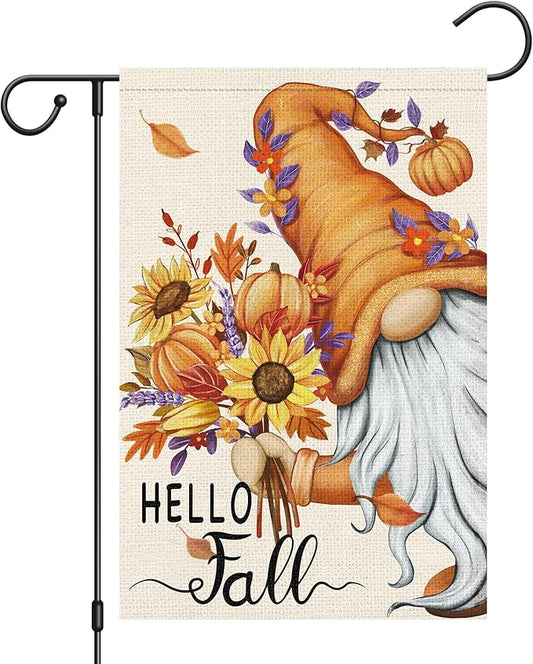 Hello Fall Gnome Garden Flag 12x18 Double Sided Burlap, Pumpkin Sunflower Garden Yard Flags for Thanksgiving Rustic Seasonal Outside Outdoor House Decoration (ONLY FLAG)