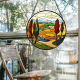 Stained Glass Window Hanging Fall Farm Mountain Landscape Large 15" - Orange Suncatcher Door Garden Sun Catcher Home Decor Birthday Christmas for Mom Men Woman Nana