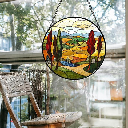 Stained Glass Window Hanging Fall Farm Mountain Landscape Large 15" - Orange Suncatcher Door Garden Sun Catcher Home Decor Birthday Christmas for Mom Men Woman Nana