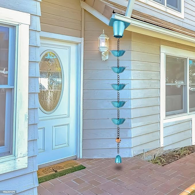 9FT Wrought Iron Rain Chain Set with 1 Adapter,Rain Chains for Outside with Rain Chain 16 Cups Flowers and Decorative Small Bell (Blue-Purple)