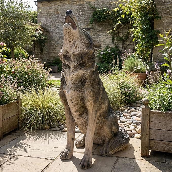 Large Howling Wolf Resin Statue - 17.9" L x 29.7" H Realistic Alpha Wolf Sculpture, Weatherproof Outdoor Garden Decor for Patio, Lawn & Yard, Wildlife Art Gift for Nature Lovers