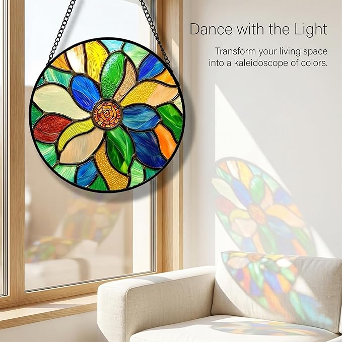 Stained Glass Window Hanging Colorful Flowers Large 15" - Abstract Suncatcher Door Terrace Garden Sun Catcher Home Decor Birthday Christmas for Mom Men Woman Nana Wife