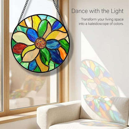 Stained Glass Window Hanging Colorful Flowers Large 15" - Abstract Suncatcher Door Terrace Garden Sun Catcher Home Decor Birthday Christmas for Mom Men Woman Nana Wife