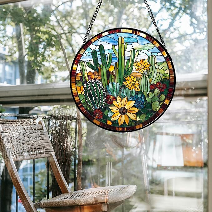 Stained Glass Window Hanging Green Cactus with Yellow Flowers Large 15" - Suncatcher Door Garden Sun Catcher Home Decor Birthday Christmas for Mom Men Woman Friend Nana