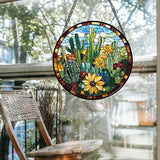 Stained Glass Window Hanging Green Cactus with Yellow Flowers 9.8" - Suncatcher Door Garden Sun Catcher Home Decor Birthday Christmas for Mom Men Woman Friend Nana