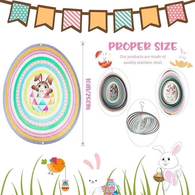 Chunful 3D Easter Bunny Wind Spinners Outdoor Hanging Ornament Gifts 10 Inch Kinetic Hanging Sculpture for Outdoor Indoor Garden Decoration Yard Art(Egg Style)